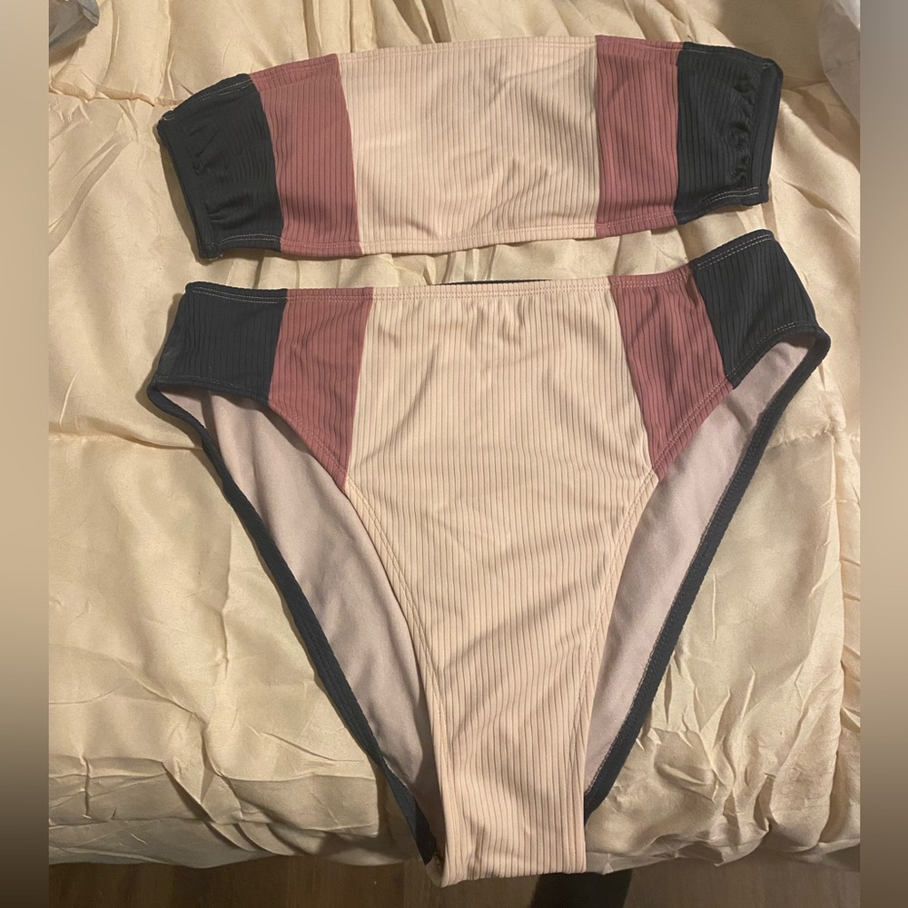 Strapless swim suit with matching high waist bottoms